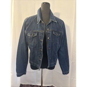 Illegal Jeans brand jean jacket, dark denim washed colour, fitted design